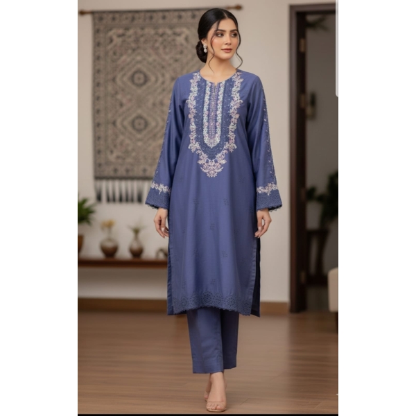 Formal Slate Blue Viscose Silk Kurta with Intricate Embroidery & Straight Pants