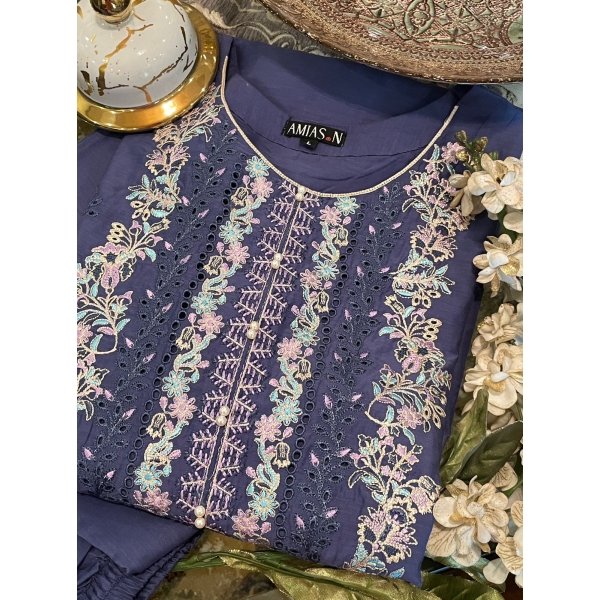 Formal Slate Blue Viscose Silk Kurta with Intricate Embroidery & Straight Pants - Image 2