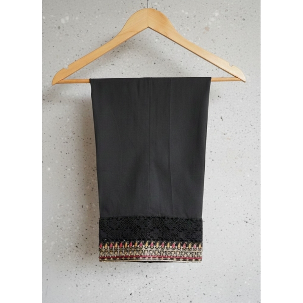 ​Black Straight-Fit Trousers with Intricate Lace & Multi-Color Embroidery - Image 2
